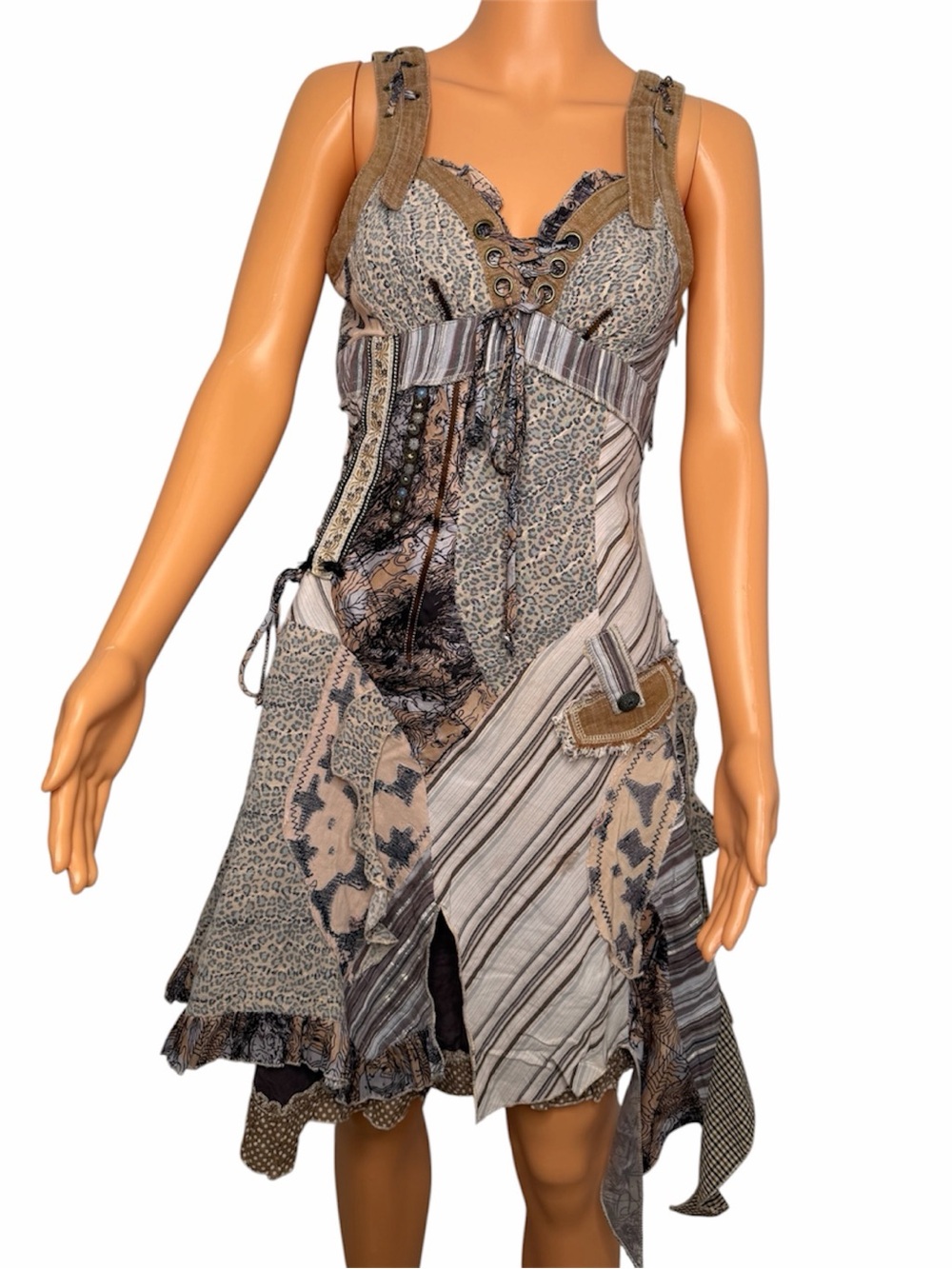 Vintage Lissa Y2K Patchwork Corset Mini Dress Leopard Stripe Grunge Fairy